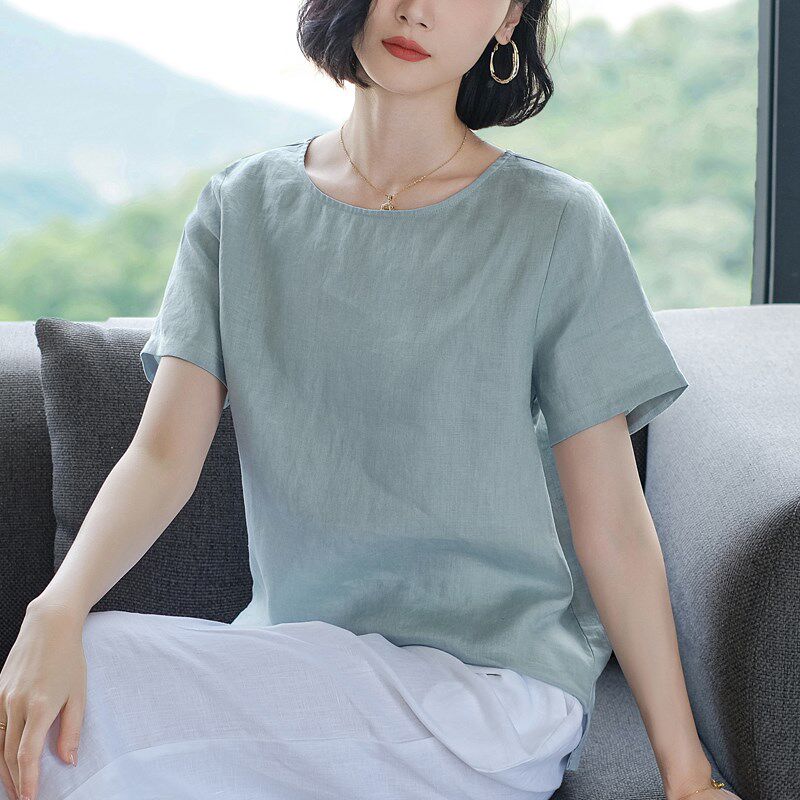 棉麻亚麻上衣女高端年轻款轻奢高级感宽松遮肚子短袖t恤2025新款