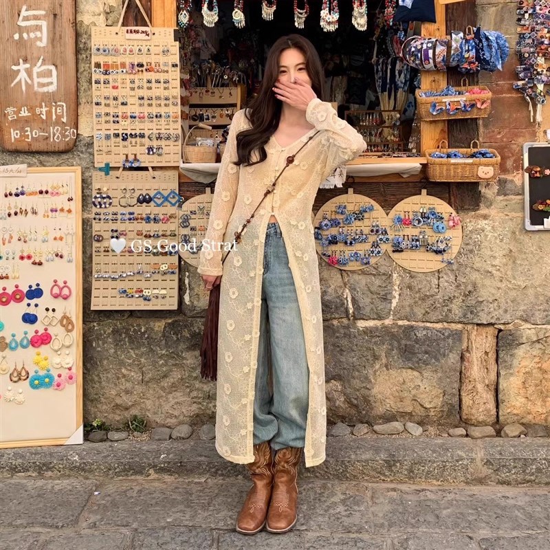 V领防晒针织开衫女早春镂空外搭叠穿罩衫开叉法式气质长袖连衣裙