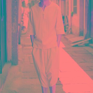 亚麻套装男宽松大码中国风男装佛系短袖T恤麻布古风夏季两件套