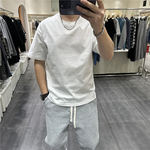 男朋友新款重磅纯棉短袖T恤宽松休闲纯色打底衫潮流百搭弧度圆领T