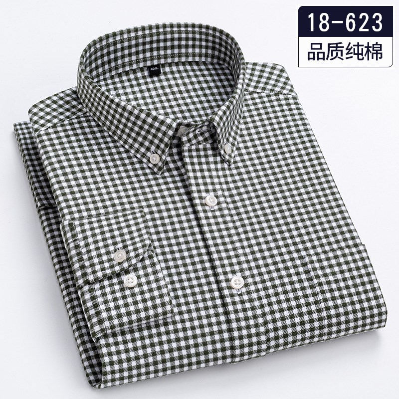 100%全棉黑白格子衬衫男长袖秋季休闲纯棉方格水洗衬衣加肥加大码
