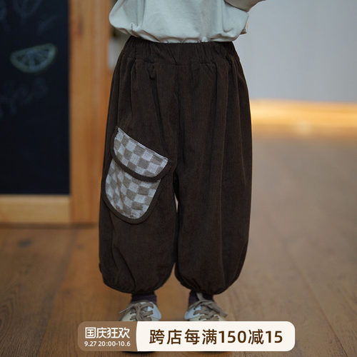 砚台家童装韩版儿童格子口袋裤男童裤子春秋款宝宝小童休闲裤咖色