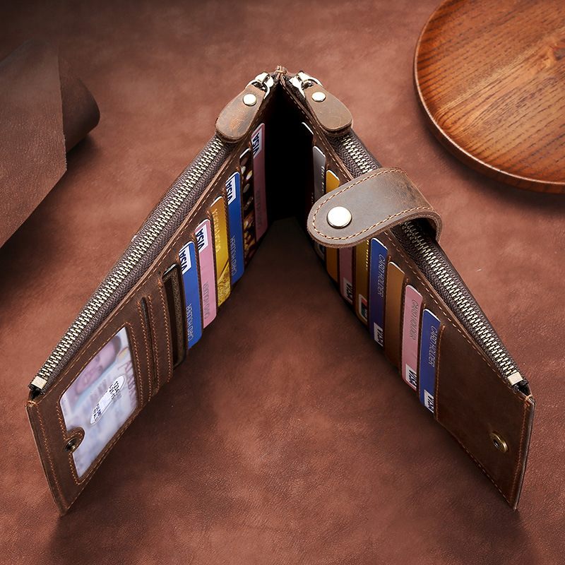 做旧复古疯马皮真皮牛皮男士手包大容量拉链手机包长款钱包多卡包