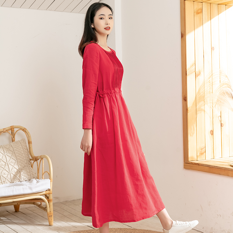 2022春夏旅行文艺红色苧麻风琴褶洋装大尺码女装宽松收腰显瘦长裙