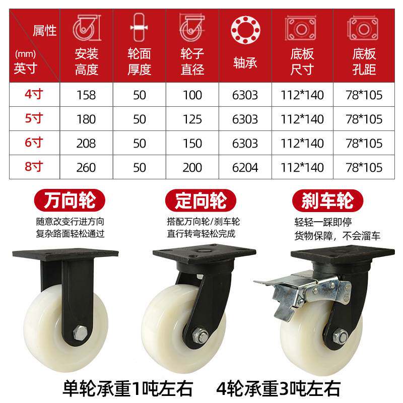 超重型6寸尼龙万向轮轮子耐磨大载重手推车拉货周转车8寸脚轮刹车