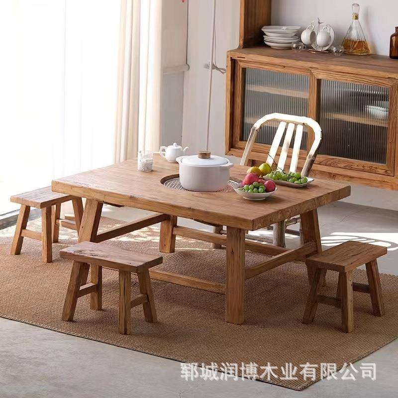 烤火茶台老榆木围炉茶桌桌阳台家用小茶台实木办公室烤火餐桌名宿