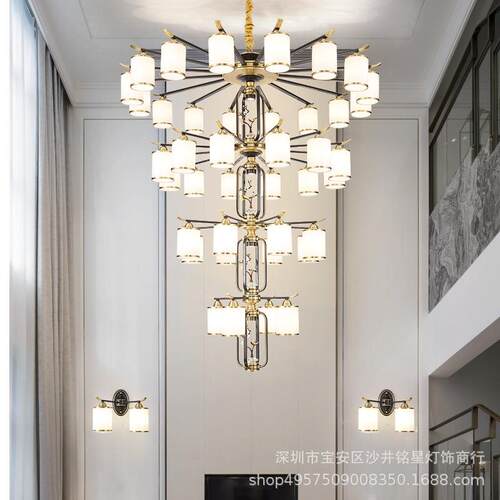 复式楼大吊灯别墅楼中楼客厅灯全铜中国风loft酒店大堂挑高楼梯灯