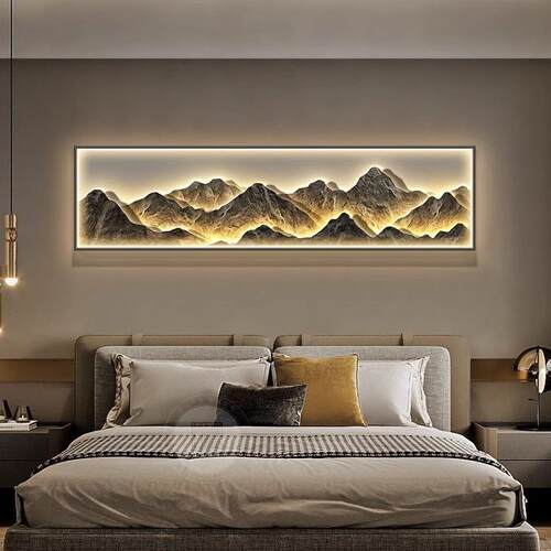 奢现代轻卧室装画背有靠山床头饰挂HS-08190画山画主卧房间水LED