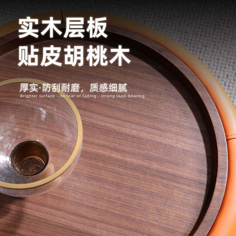 轻奢简约马鞍皮储物茶几 客厅家用小户型奶 油风现代圆形茶桌组合