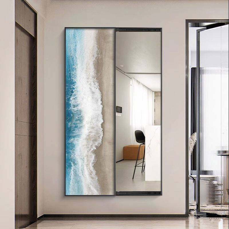 现代简约玄关装饰画带镜子抽象海浪走廊过道挂画隐藏式推拉全身镜