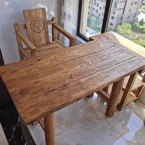 老榆木桌子实木板复古茶桌风化板桌条凳餐桌家用原木桌面吧台