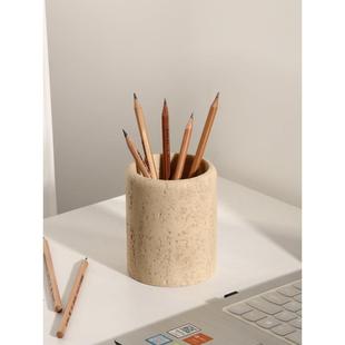 洞石笔筒轻奢感办公室桌面收纳盒办公桌创意简约摆件笔座