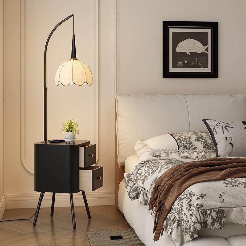 中古风沙发旁置物架一体复古卧室灯床头柜布艺台灯氛围客厅落地灯