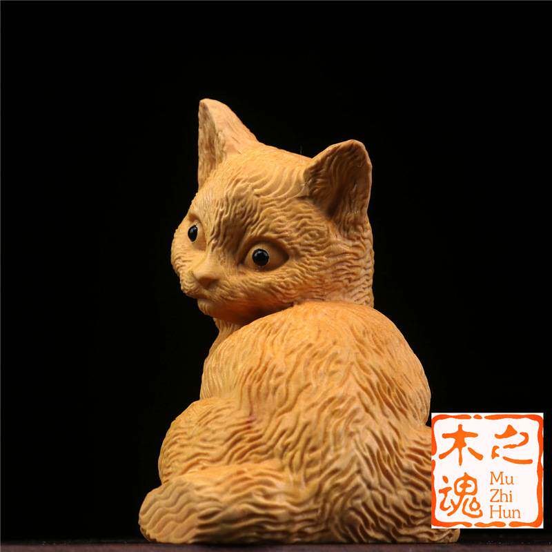 黄杨木雕刻随身手把件创意小猫家居简约文玩汽车招财猫摆件工艺品