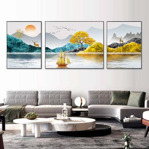 ALI6轻奢三联画2024新款十字绣线绣客厅手工自己刺绣山水风景一帆