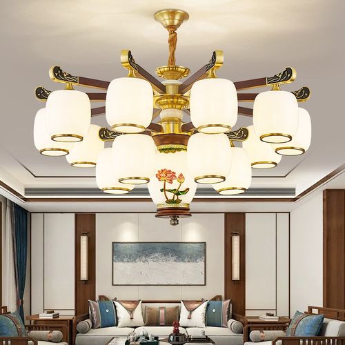 新中式客厅吊灯全铜木艺高端大气实木主灯复式楼别墅餐厅朝下灯具