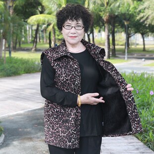 中老年秋冬加绒加厚豹纹坎肩加肥加大码 宽松立领保暖马甲 胖妈妈款