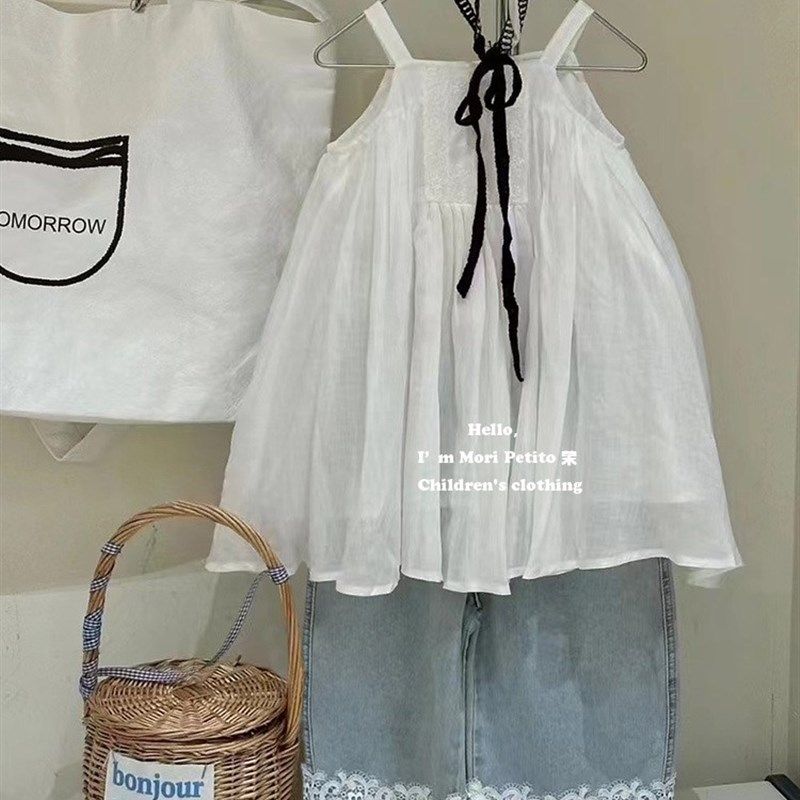 日系女童白色吊带连衣裙纯棉薄款夏叠穿马甲裙蕾丝阔腿牛仔裤套装,童装/婴儿装/亲子装,套装,淘宝优惠券,粉丝福利购,淘宝优惠卷