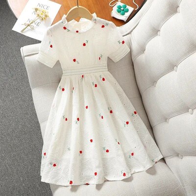 女童连衣裙夏季纯棉短袖韩版新款白色裙子女孩收腰蕾丝洋气公主裙
