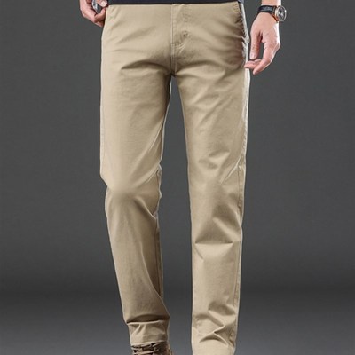 高端纯棉卡其色休闲裤男夏季薄款弹力修身裤子商务直筒百搭长裤子