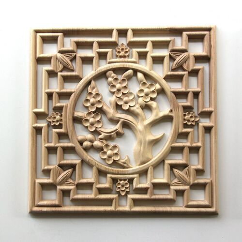 梅兰竹菊木雕 东阳中式方形天然橡胶木镂空雕刻古典装饰贴花