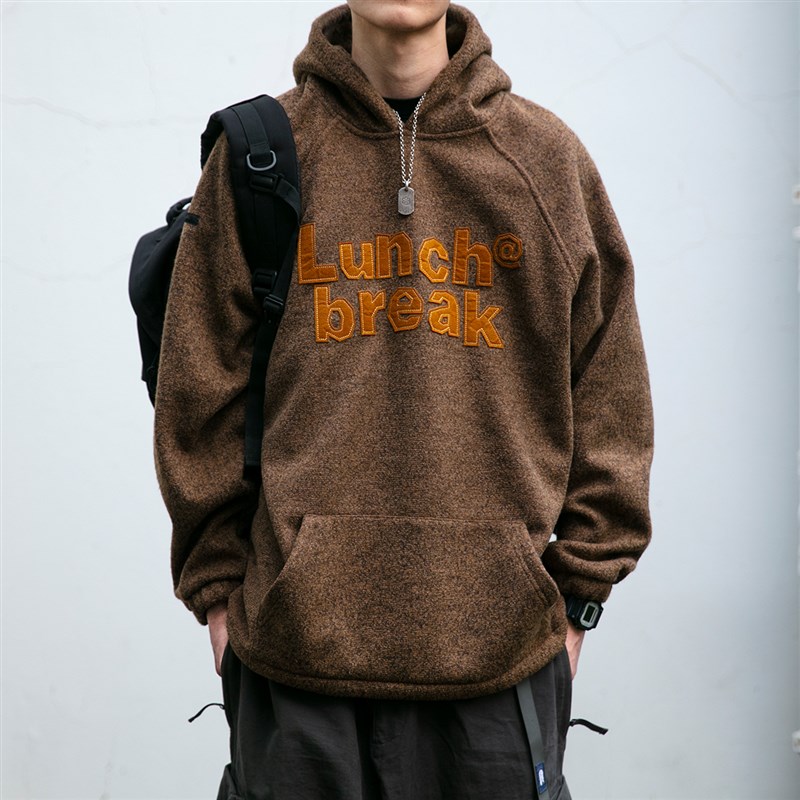 日系潮牌字母刺绣连帽加绒卫衣男秋冬新款情侣宽松落肩加厚外套潮