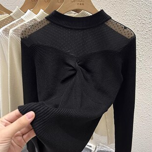 上衣 法式 2023秋冬半高领镂空针织毛衣女修身 设计感小众网纱打底衫