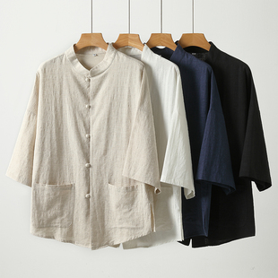 男式薄款棉麻上衣七分袖衬衫中国风立领对襟汉服宽松复古盘扣开衫