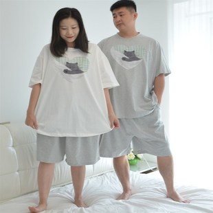 瞌睡猫咪睡衣男女情侣夏季加肥大码纯棉短袖短裤休闲家居服200斤