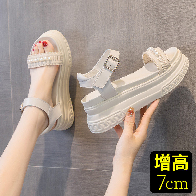 珍珠凉鞋女夏季厚底仙女风松糕鞋子2023年新款夏日沙滩一字带女鞋