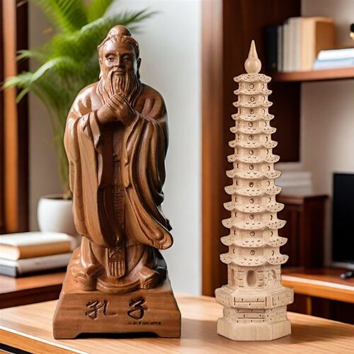 孔子像桃木摆件摆桌面送老师礼品客厅书房老子像木雕送13层文昌塔
