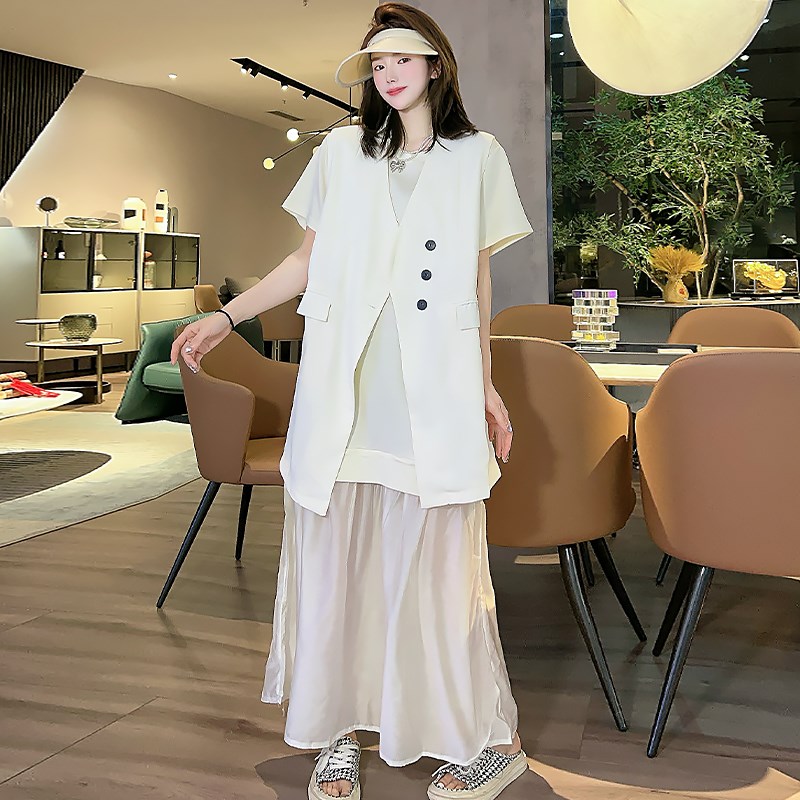 大码裙子气质马甲女拼纱短袖连衣裙胖mm2025夏季新款显瘦宽松女装