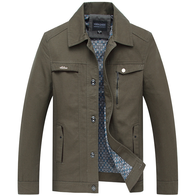 爸爸装纯棉薄款外套中年男装秋冬季夹克衫中老年人翻领全棉上衣服