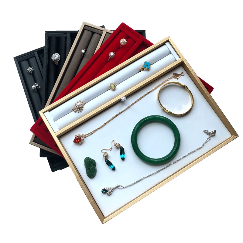 两面折叠看货盘金银珠宝展示托盘黑皮红绒拉丝展示盘戒指项链道具