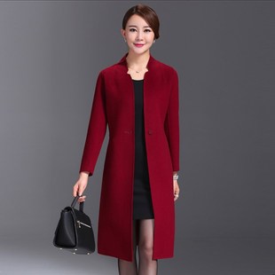 秋冬双面羊绒女长款立领大衣大码韩版洋气妈妈枣红色绵羊毛呢外套
