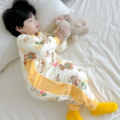 儿童连体睡衣秋冬季加厚睡袋婴儿春秋款纯棉一岁男宝宝冬款男童两