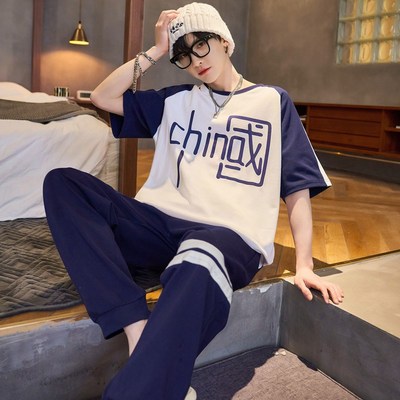 睡衣男孩夏季纯棉短袖长裤卡通薄款加肥加大码青少年学生大童套装