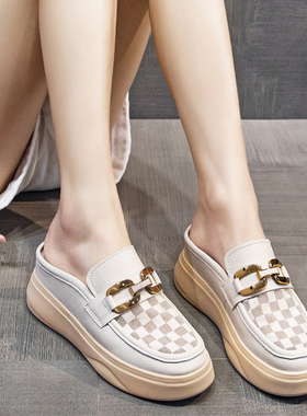 内增高半拖鞋女夏季网面无后跟懒人真皮包头小白鞋P厚底小码31323