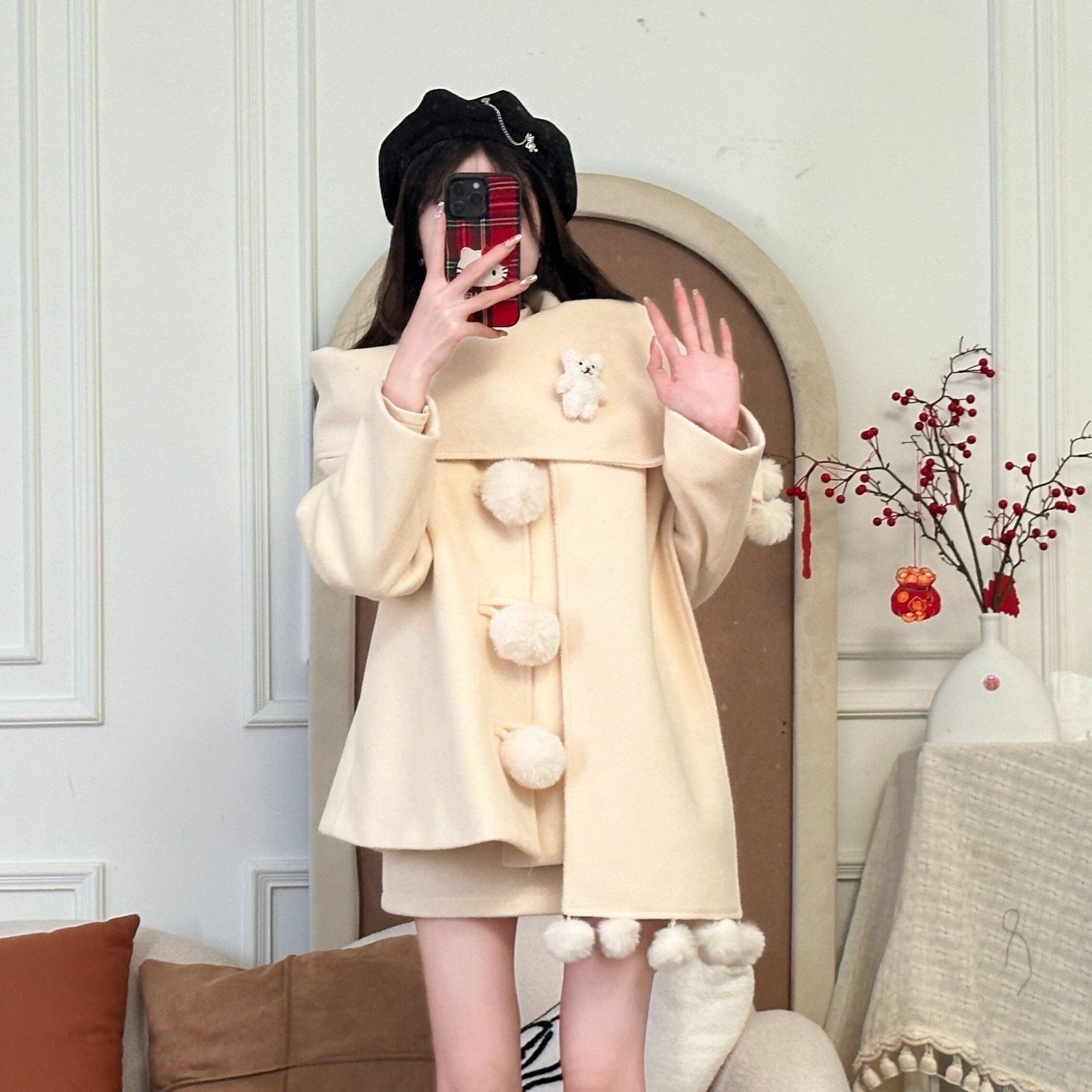 织物猪 球球芝士 新年秋冬米黄色毛呢外套女小个子可爱甜美风套装