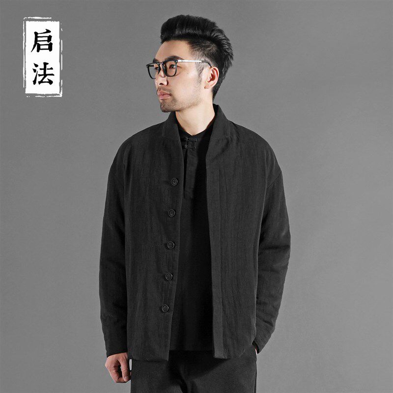 启法中国风男装棉衣男冬季休闲保暖棉外套男黑色中式棉夹克男短款