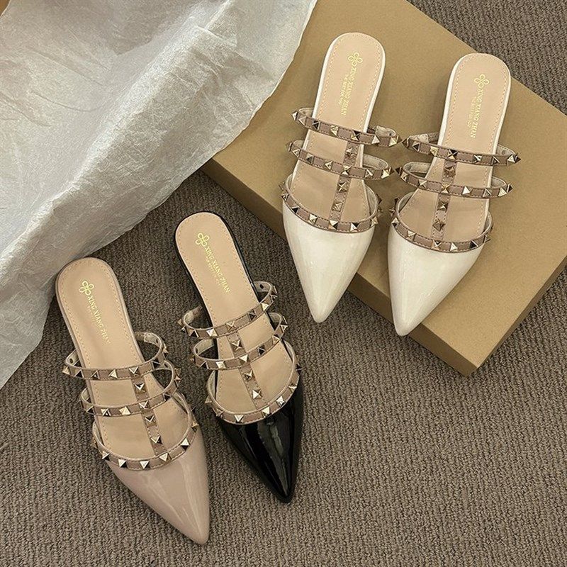 包头尖头半拖鞋女中跟绝美外穿法式高级铆钉凉拖粗跟百搭半托凉鞋,女鞋,包头拖,淘宝优惠券,粉丝福利购,淘宝优惠卷