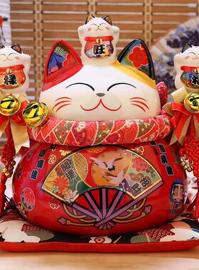 福缘红色招财猫日式店铺收银台摆件家居存储钱罐店铺开张开业礼品