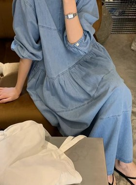 长袖牛仔连衣裙女春秋新款复古时髦圆领休闲宽松大摆a字长裙37859