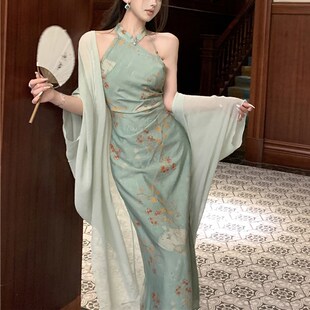 西塘倩影【画中游】新中式国风改良旗袍女春季复古印花挂脖连衣裙