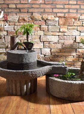 长嘴石磨流水组合老石碾子水景摆件石槽鱼缸装饰别墅户外庭院景观