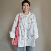 秋季 新款 修身 微胖MM设计感别致绝美彩色刺绣花边衬衫 显瘦开衫 上衣