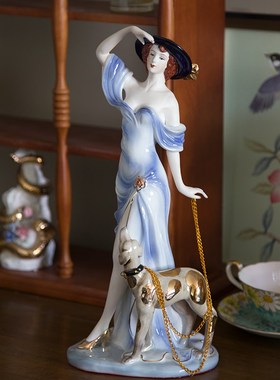 复古牵狗西洋女人物陶瓷摆件家居装饰品客厅酒柜架工艺品欧式摆件