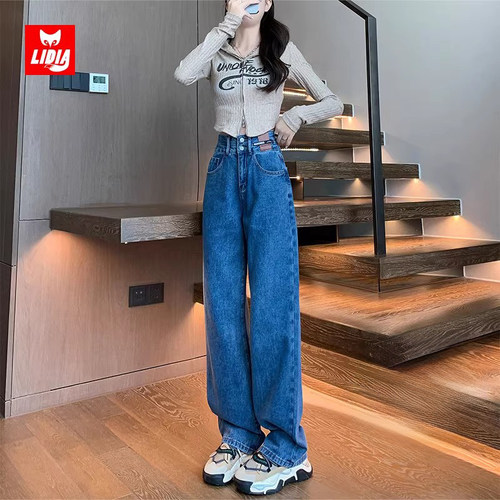 复古蓝阔腿牛仔裤女2025春夏新款小个子高腰显瘦垂感窄版直筒裤子
