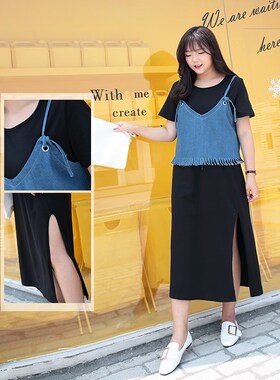 春夏大码女装胖mm韩版宽松T恤裙牛仔吊带背心马甲套装两件套64420