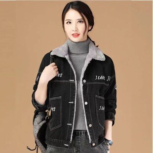 韩潮袭人加绒加厚黑色牛仔短外套女2024年秋冬新款刺绣保暖夹克衫
